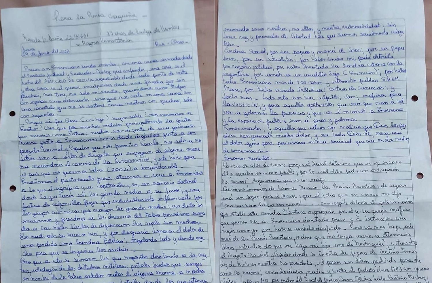 La madre de César Sena dio a conocer una carta de puño y letra.