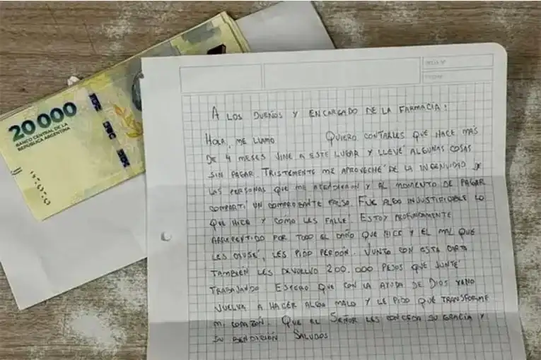 Estafó a una farmacia, se arrepintió y les devolvió $200.000 junto a una carta: "Les pido perdón"