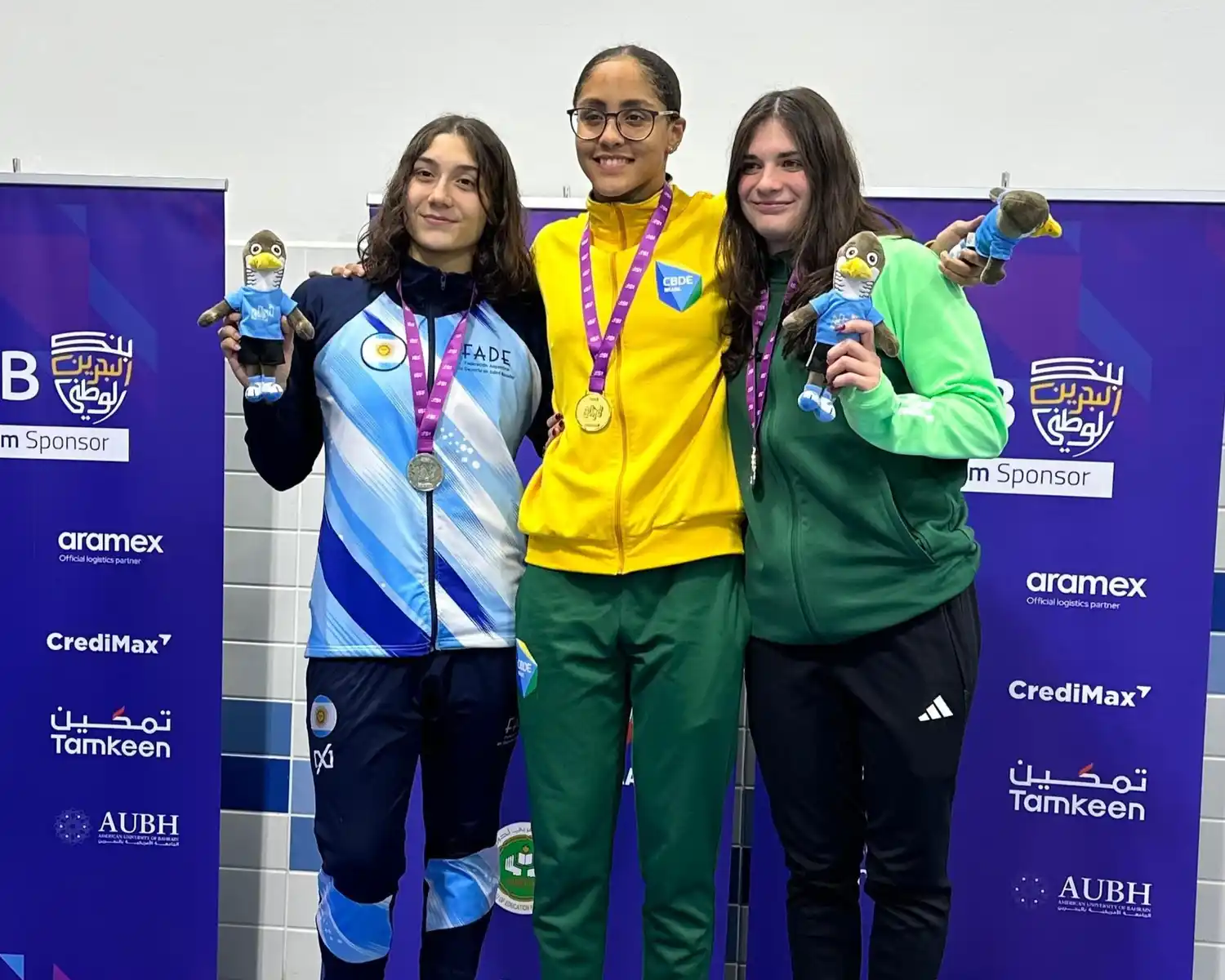 Guadalupe en el podio. Finalizó por detrás de Joice Otero Rocha (Brasil) y Glenda Abonyi (Hungría)