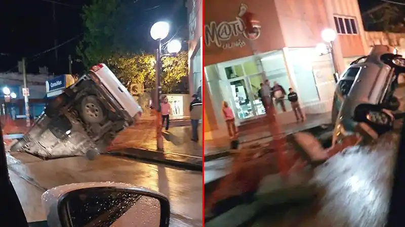 Durante el temporal, una camioneta cayó en una zanja abierta por obras