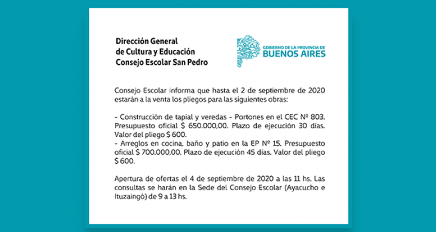 [Publicación Oficial] Informe Consejo Escolar: Pliegos disponibles para obra de arreglos en CEC Nº 803 y EP Nº 15