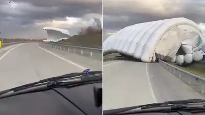 El viento desató el caos en Rusia: una carpa inflable gigante voló por el aire y bloqueó una ruta