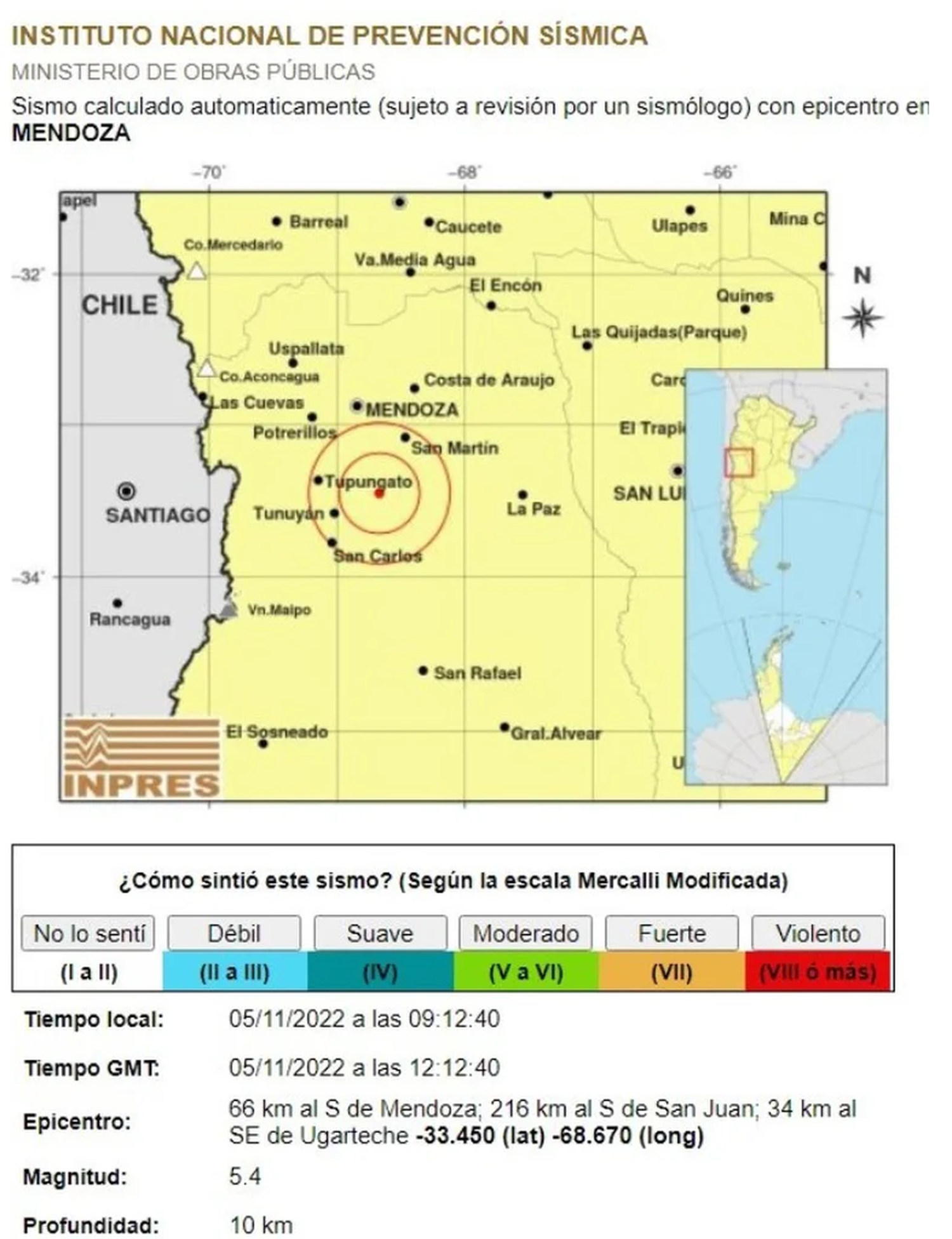 Mendoza registró un fuerte sismo de 5,4 grados en la escala de Richter