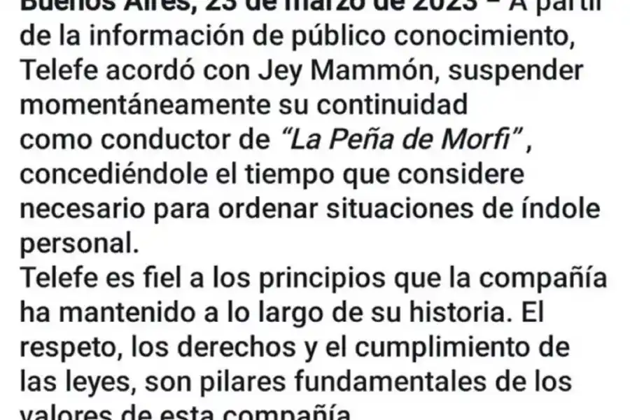 Así era comunicada la suspensió por el canal lider de la televisión argentina