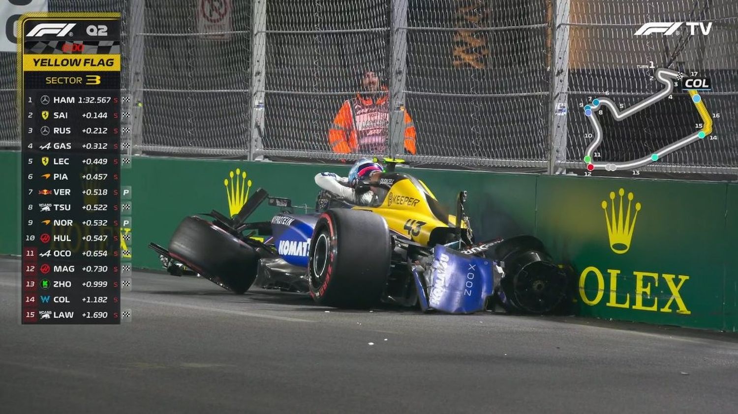 El auto de Colapinto al momento del choque en el GP de Las Vegas.