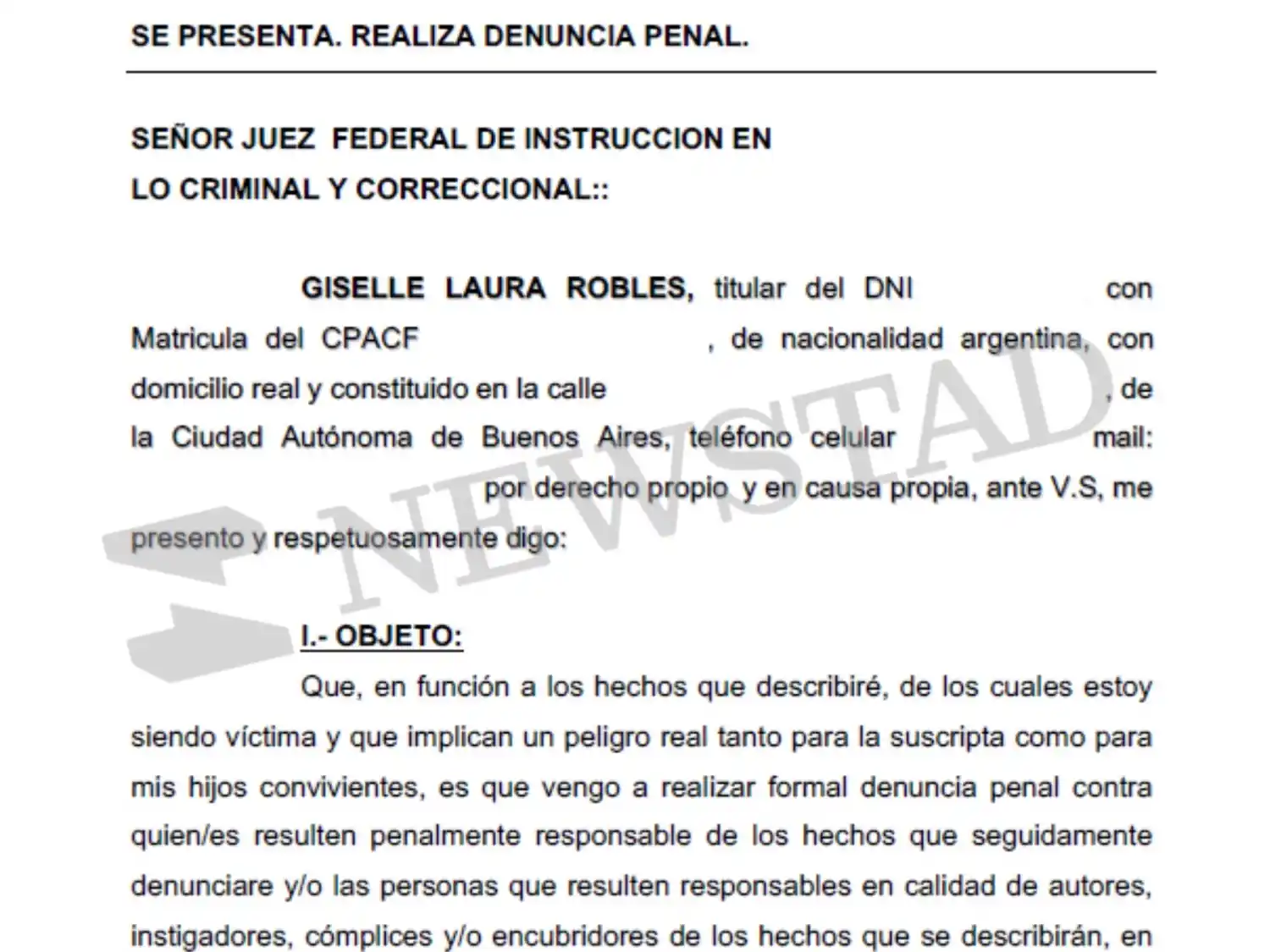 Denuncia. Giselle Robles contra Marcela Pagano y Franco Bindi.