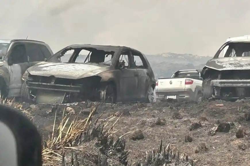 Un voraz incendio en Quebrada del Condorito dejó 14 autos quemados y más de 130 evacuados.