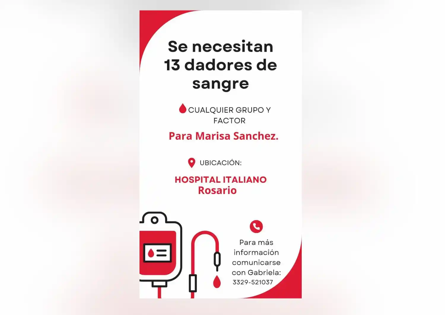 Necesitan 13 dadores de sangre para Marisa Sánchez