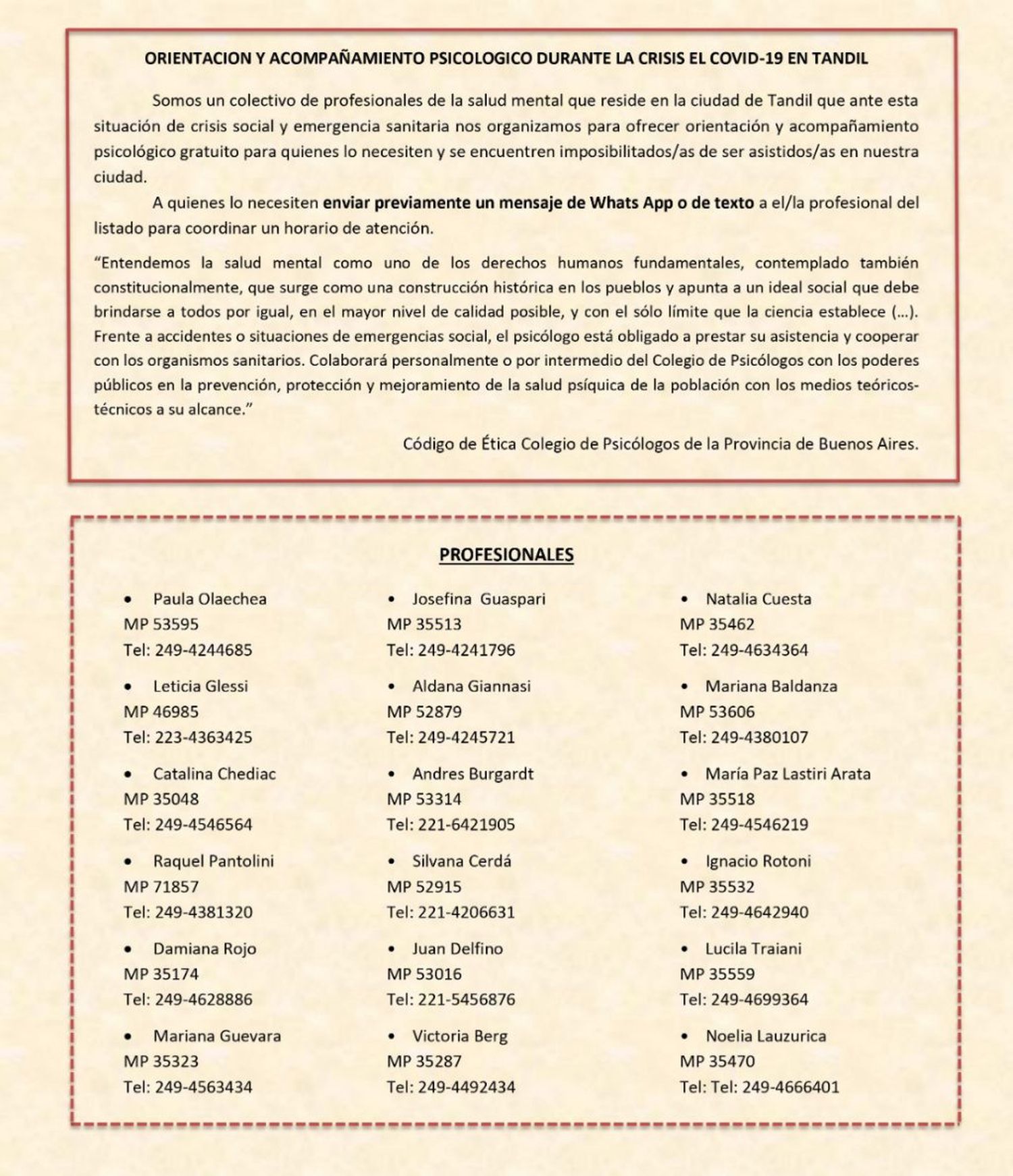 Orientación y acompañamiento psicológico durante la crisis del COVID-19 en Tandil
