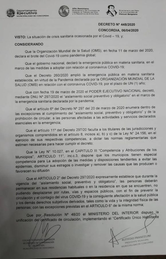 El municipio decretó la prohibición del ingreso a Concordia de quien no tenga el Certificado �anico de Circulación