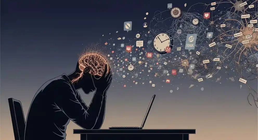 Una ilustración editorial surrealista representa una silueta humana abrumada en un escritorio, con el cerebro sobrecargado de notificaciones digitales y caminos neuronales, simbolizando el agotamiento mental y el estrés de la era digital.