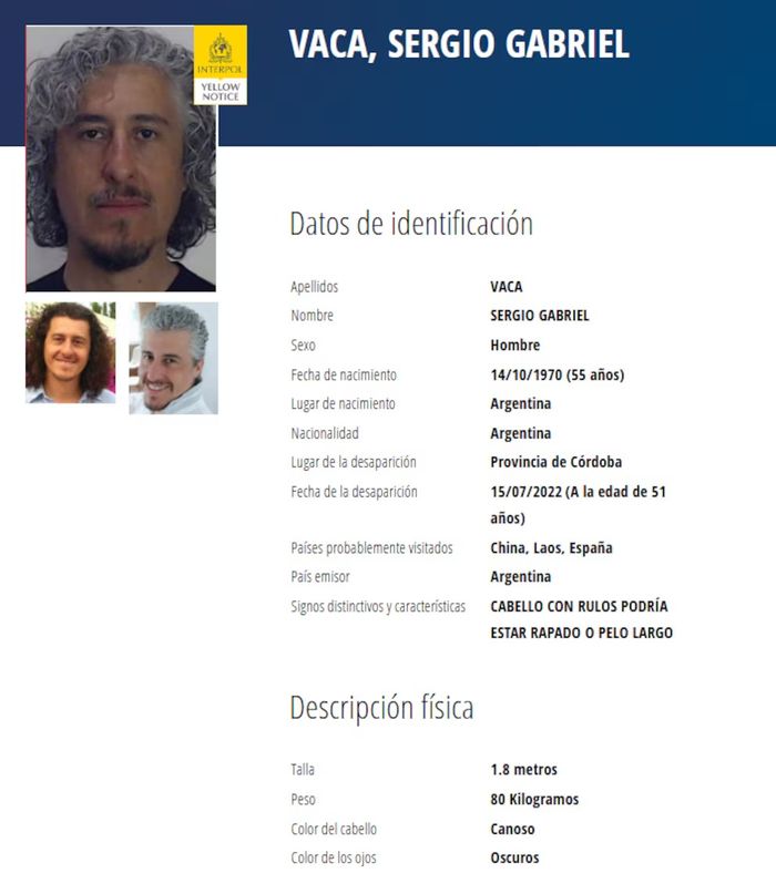 Los datos de Sergio Vaca en la alerta amarilla de Interpol