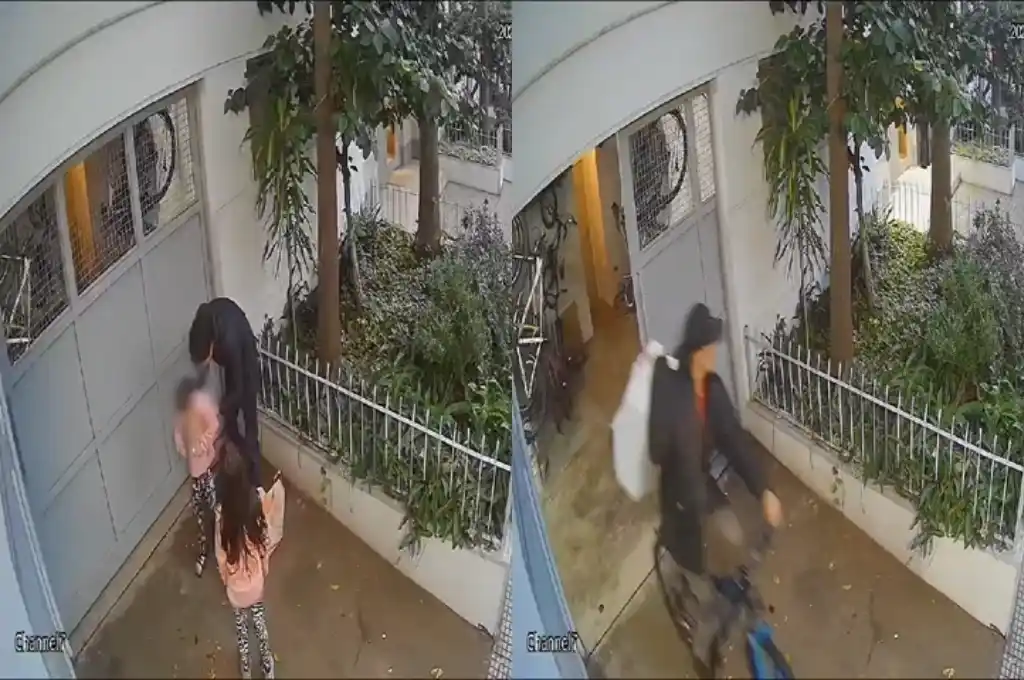 El ladrón alzó a las niñas para espiar a través de la rejilla del portón del edificio.