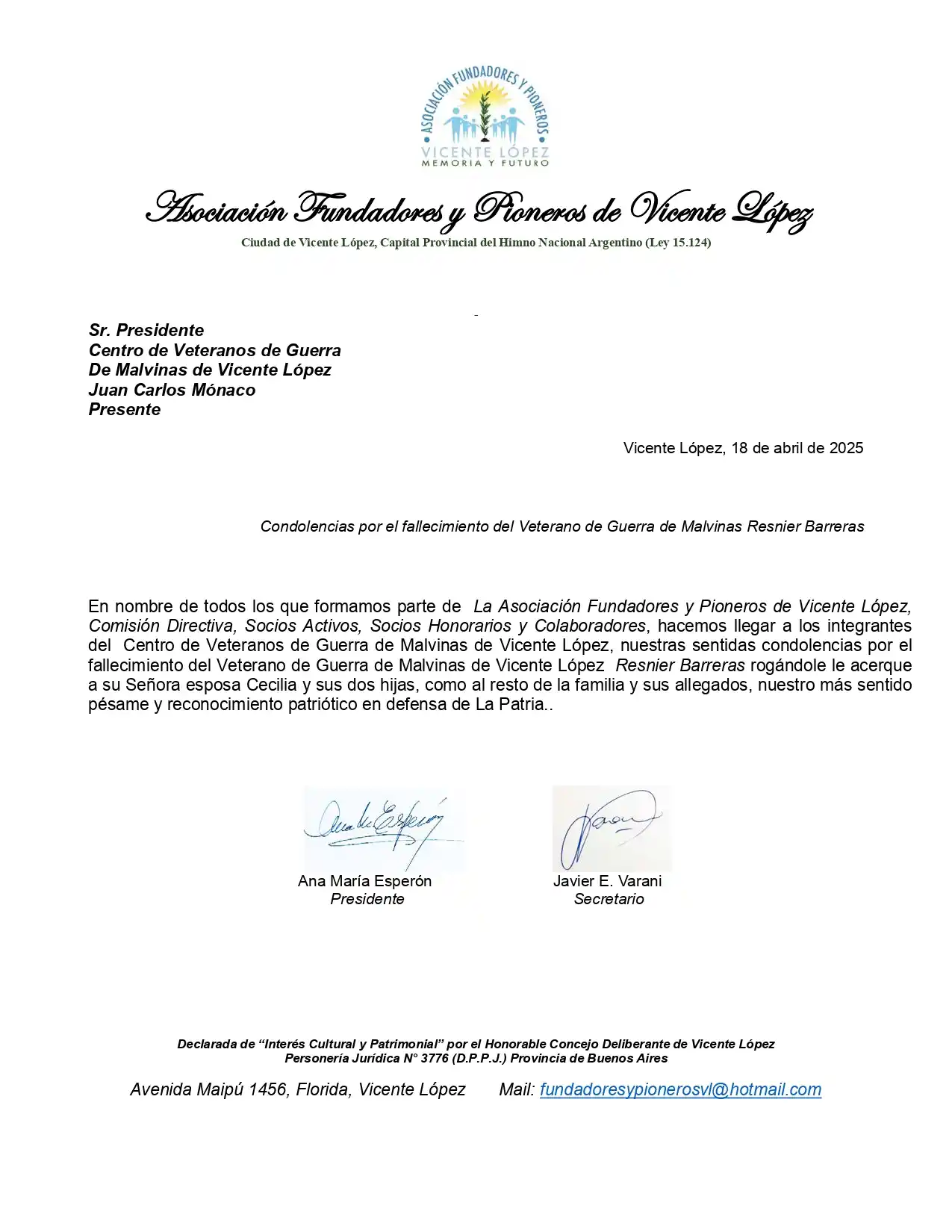condolencias Fundadores y Pioneros de Vicente López