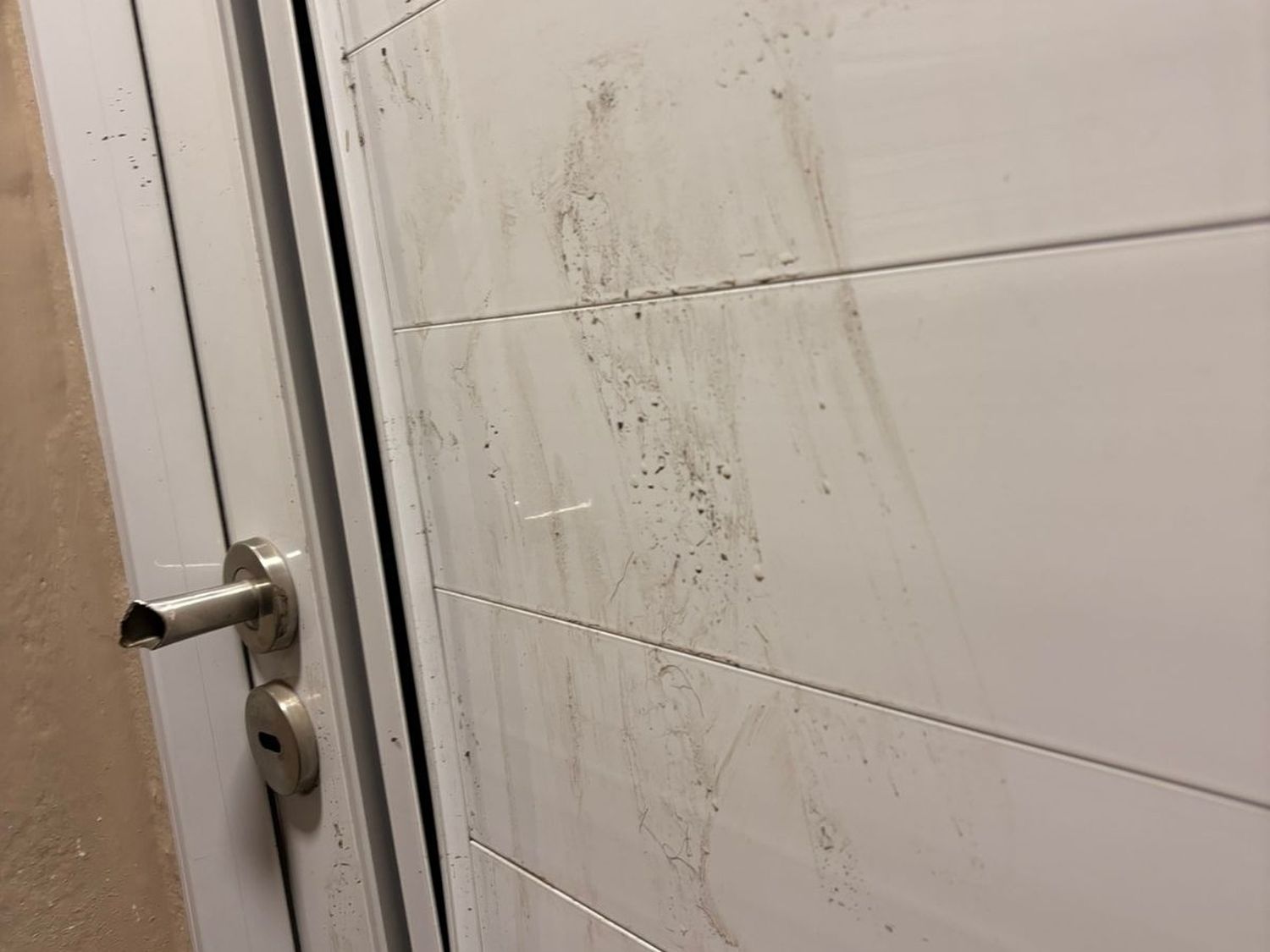 La puerta dañada por el hombre detenido.