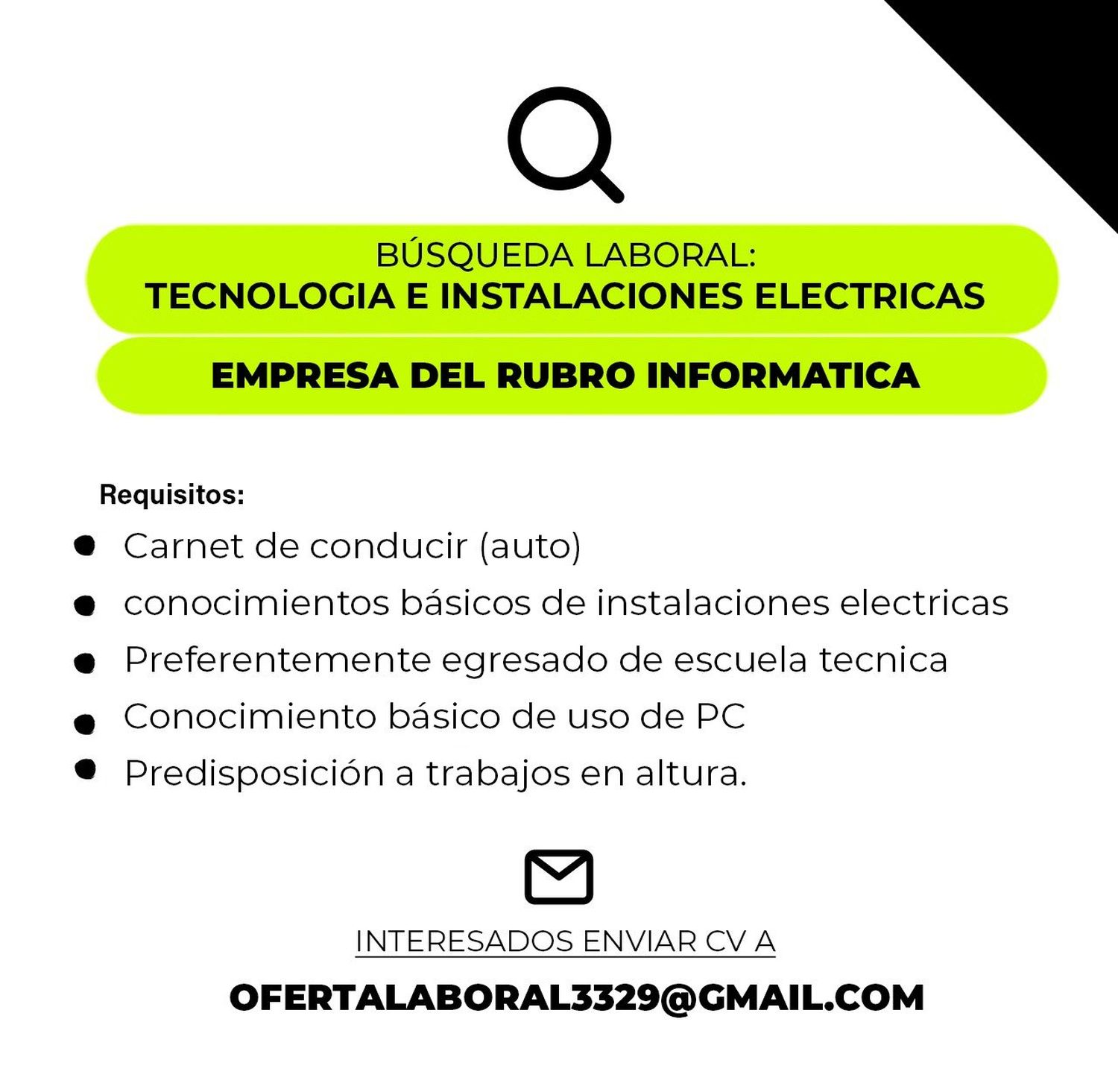 Empleos: búsqueda de responsable en  tecnología e instalaciones eléctricas