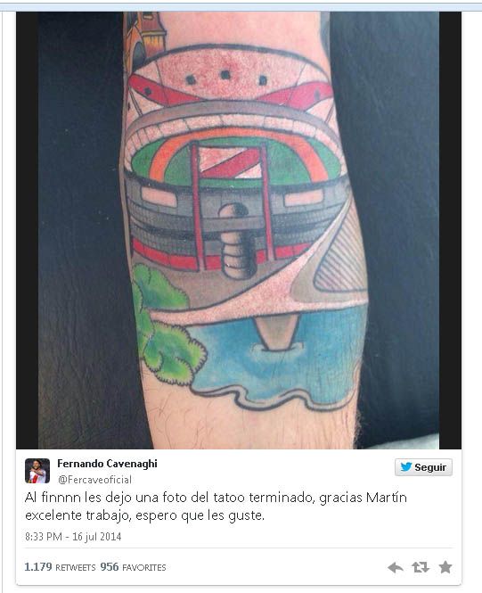 Cavenaghi terminó su tatuaje del Monumental que lleva en el brazo
