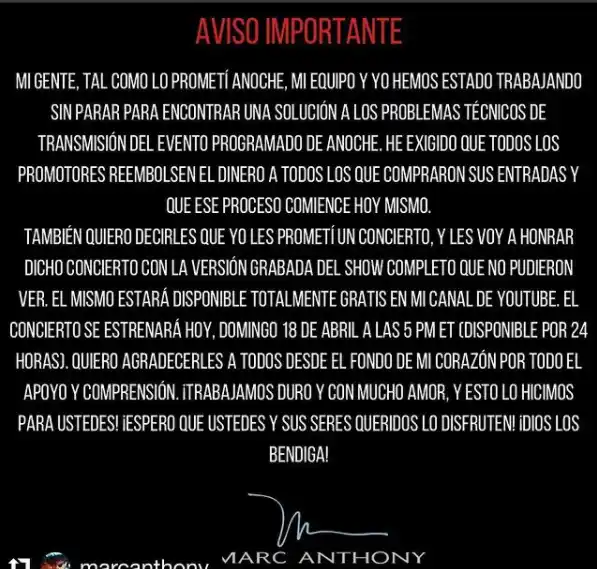 Marc Anthony tendrá disponible su concierto gratis por 24 horas. Foto: Instagram