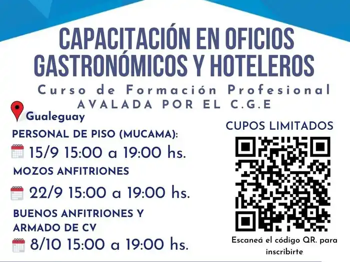 En Gualeguay habrá cursos gratis de oficios gastronómicos y hoteleros
