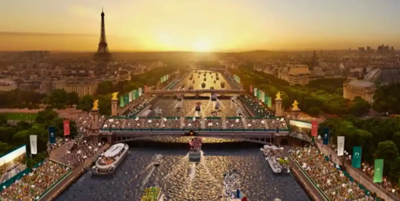 Recreación de la ceremonia inaugural de los Juegos Olímpicos París 2024 en el río Sena de la capital francesa.