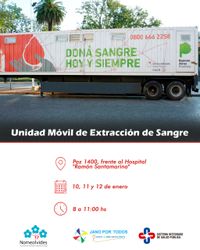 10, 11 y 12 de enero estará en paz 1400 la unidad móvil de extracción de sangre