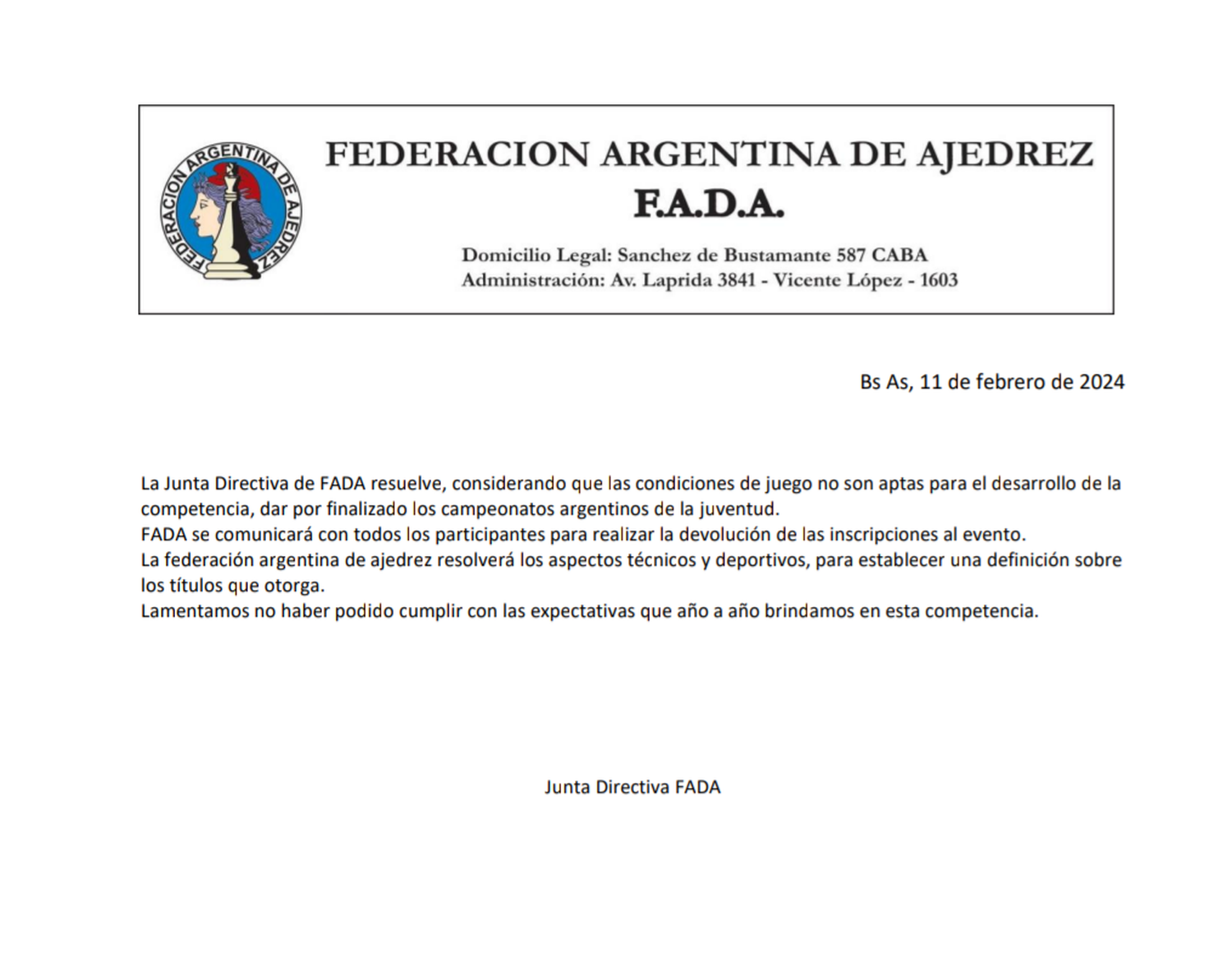 Comunicado FADA - Federación Argentina de Ajedrez