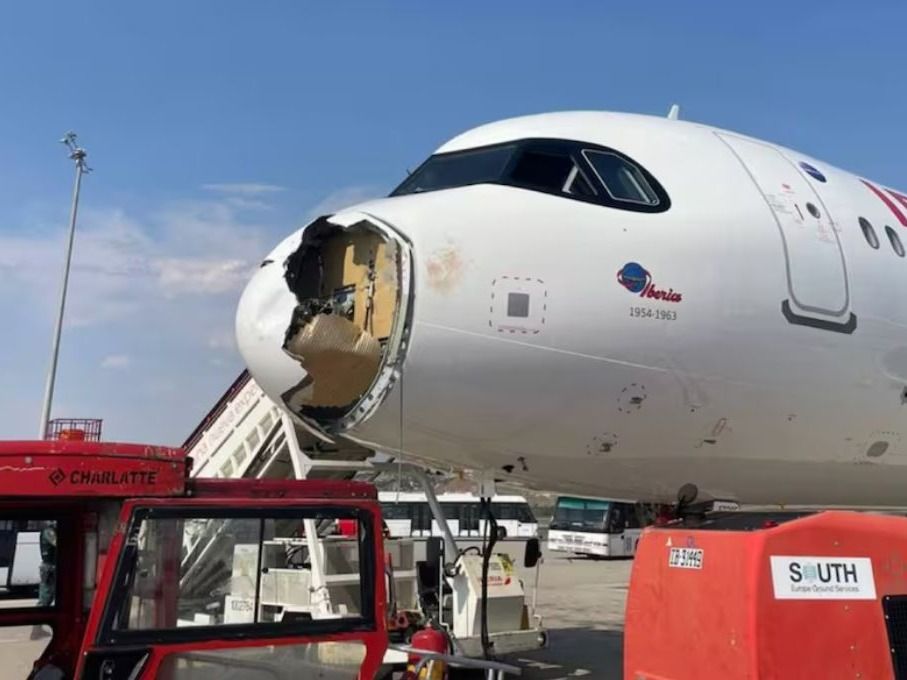 Un avión de Iberia aterrizó de emergencia en Madrid tras un fuerte impacto frontal con un ave. Captura de redes.