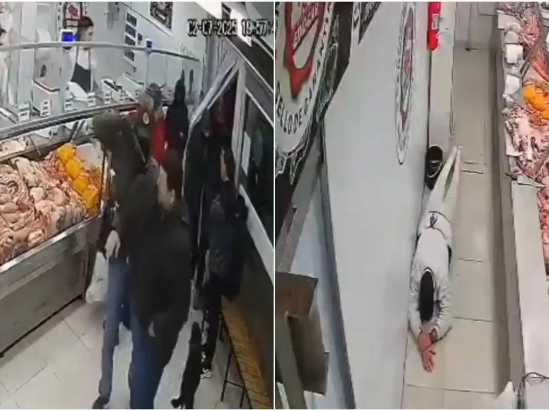 Asaltaron una carnicería en Los Polvorines y hasta eligieron un corte de carne antes de escapar. (Fotos: capturas de video de X).