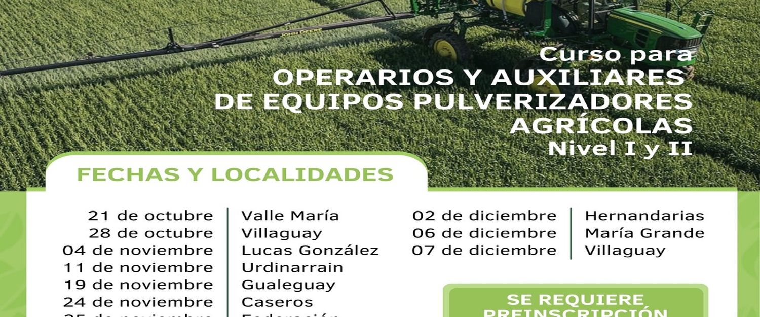 Comienza en octubre la capacitación para Operarios y Auxiliares de Equipos Pulverizadores Agrícolas