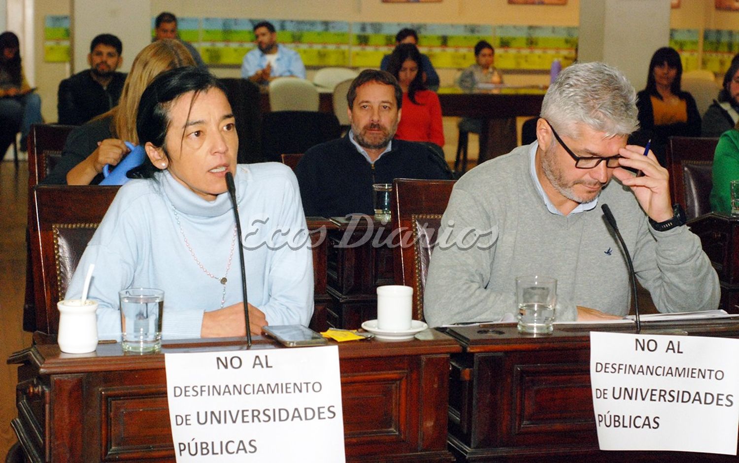 Por las universidades. Carteles en las bancas de Andrea Cáceres y Mauro Velázquez de Unión por la Patria