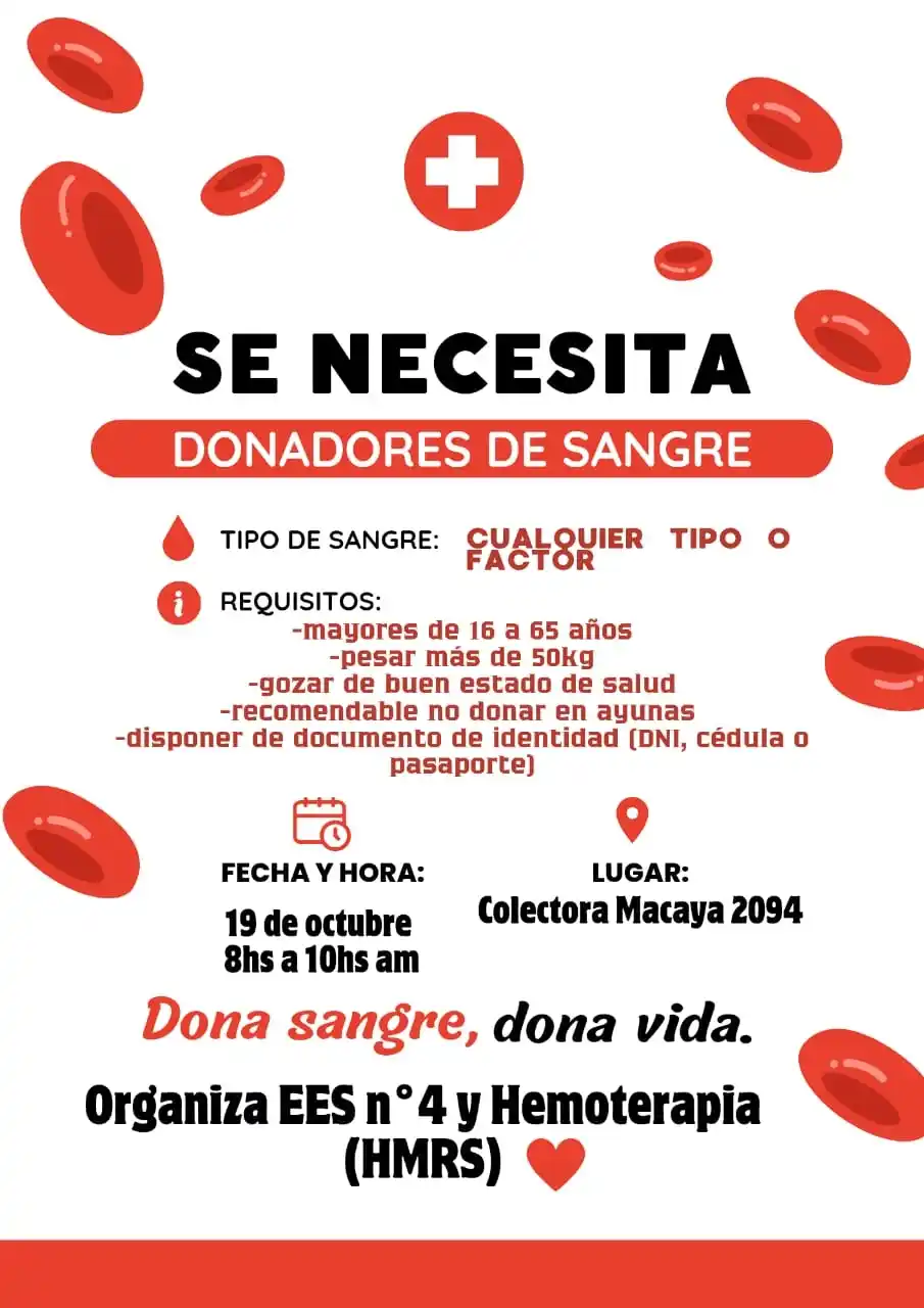 Colecta externa de sangre mañana en la secundaria N°4 “Marciano Alduncin”