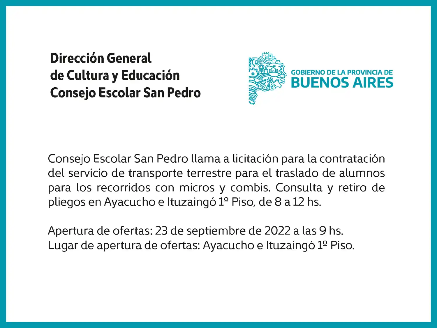 [Publicación Oficial] Consejo Escolar San Pedro: Licitación para contratación de servicio de transporte terrestre