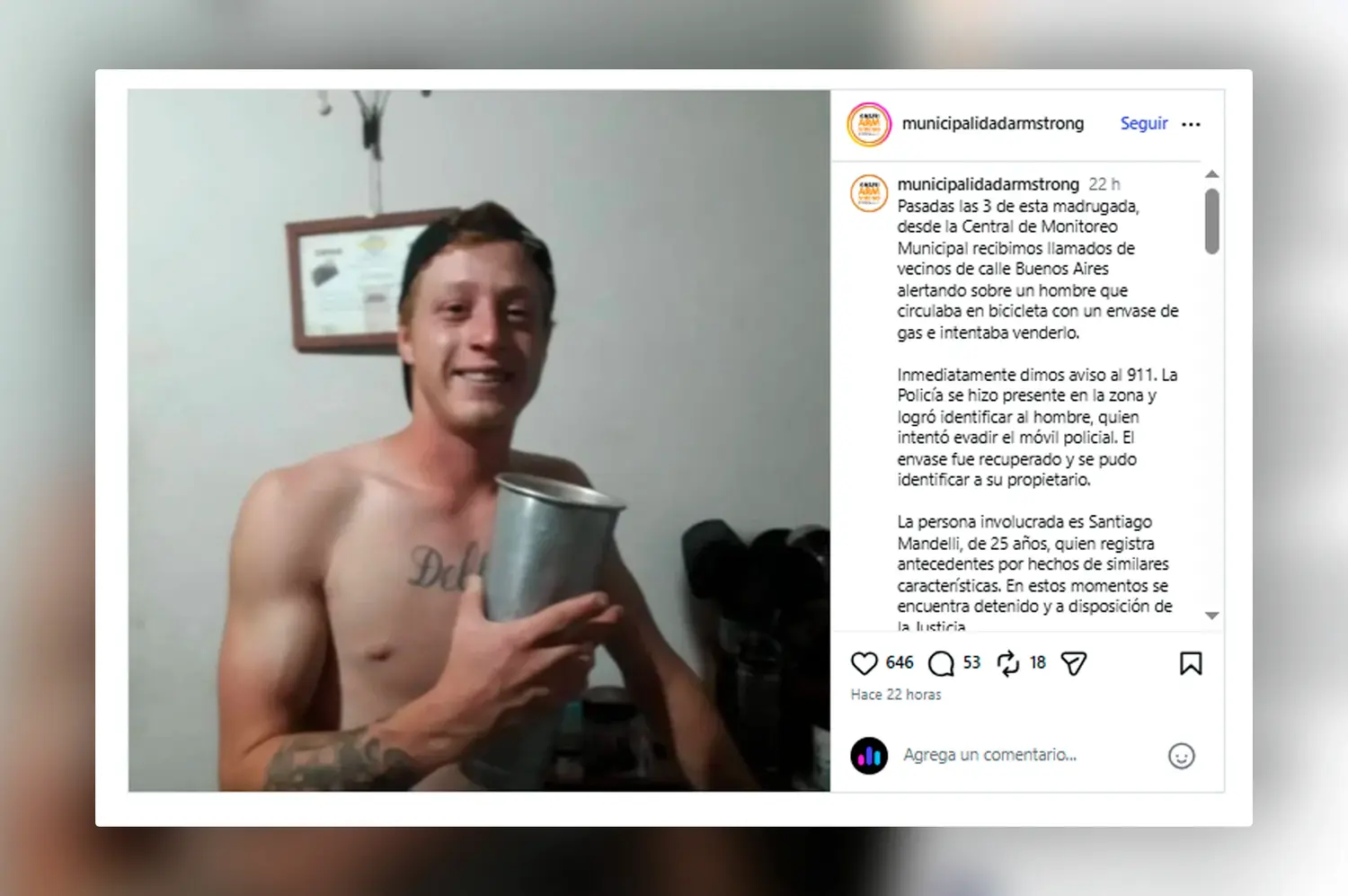 La Municipalidad de Armstrong "escrachó" en redes sociales a un joven detenido por robo