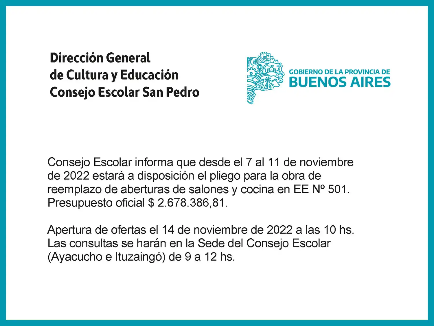 [Publicación Oficial] Consejo Escolar San Pedro: Pliegos disponibles para obras en EE N° 501