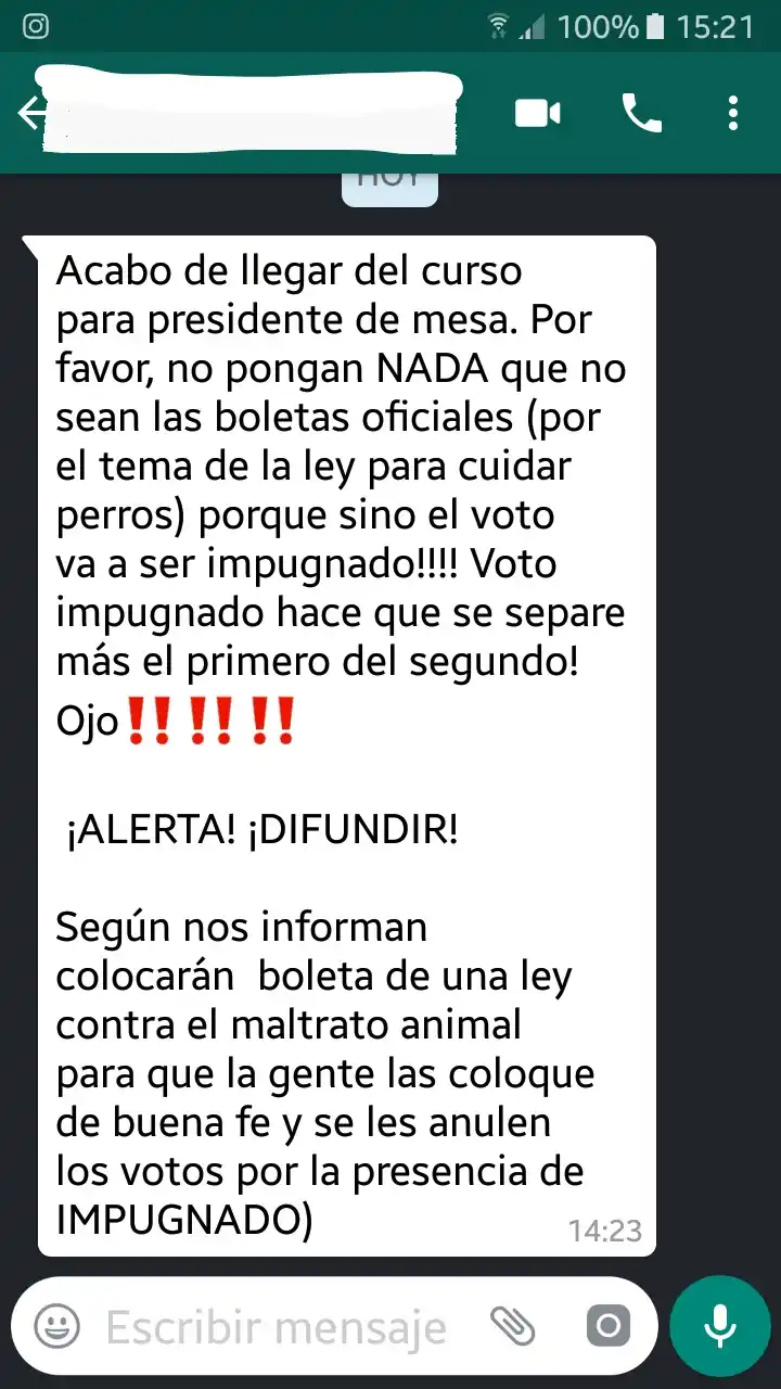 Alertan sobre falsa cadena de whatsapp que podría impugnar un voto