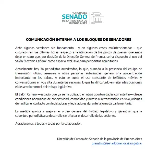 El comunicado interno de la dirección de Prensa del Senado de la provincia de Buenos Aires.