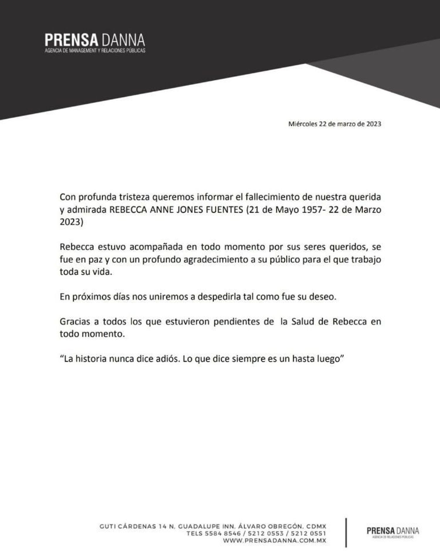 Su oficina confirmó el deceso de Rebecca Jones. Foto Twitter