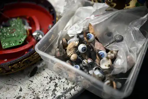 Una caja llena de ojos de muñecas se ve en el "Hospital del Juguete", en Madrid el 20 de diciembre de 2022. - 