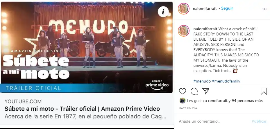 La hija de René Farrait no tuvo reparo en opinar sobre la serie en Instagram
