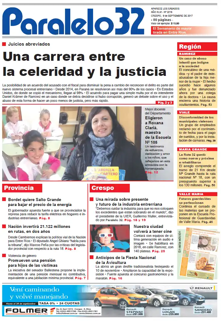 Esta es la tapa de este sábado de Paralelo 32 edición Crespo