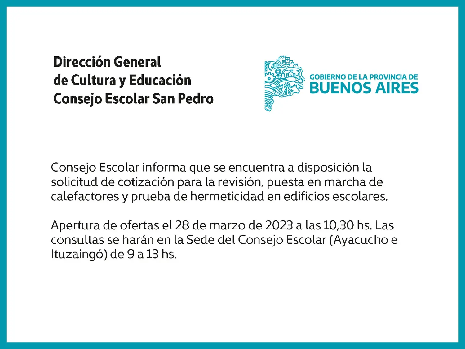 [Publicación Oficial] Consejo Escolar San Pedro: Solicitud de cotización para puesta en marcha de calefactores