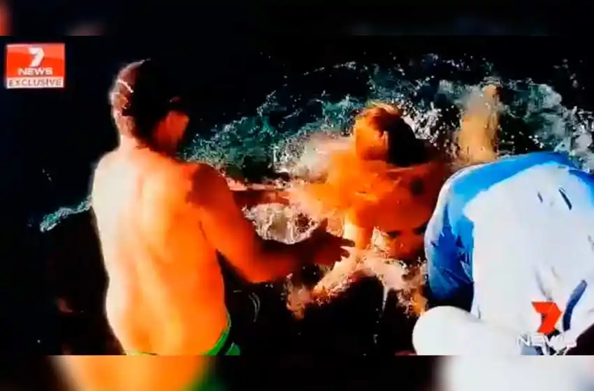 Una mujer alimenta a un tiburón con la mano y la arrastra de un bocado al agua