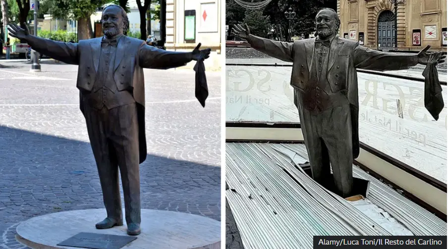 La estatua de la estrella de la ópera Luciano Pavarotti, vista a principios de año en la ciudad de Pesaro (izquierda), y en noviembre, rodeada por una pista de hielo (derecha).