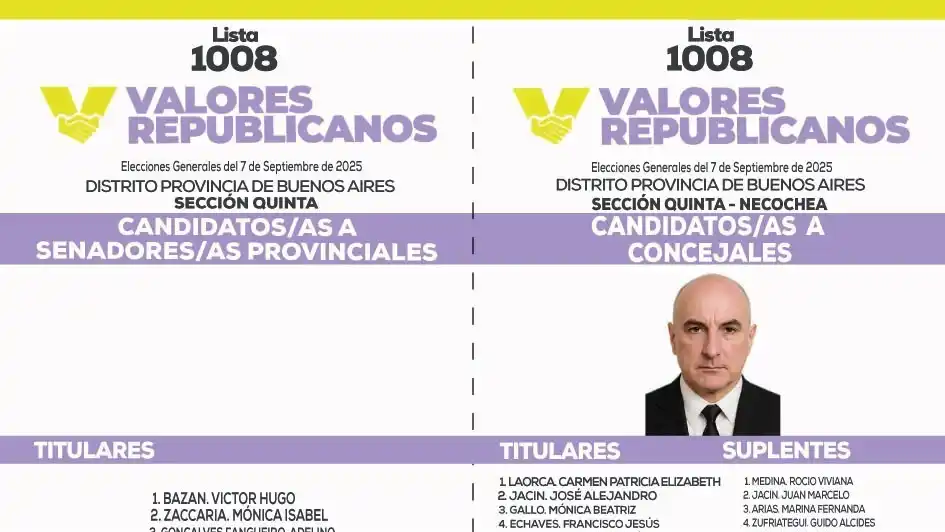 Foto cambiada. En la boleta de Valores Republicanos aparece Jacin en vez de Laorca