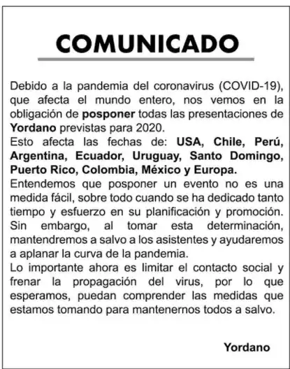 El comunicado firmado por Yordano sobre su gira. Foto: Instagram