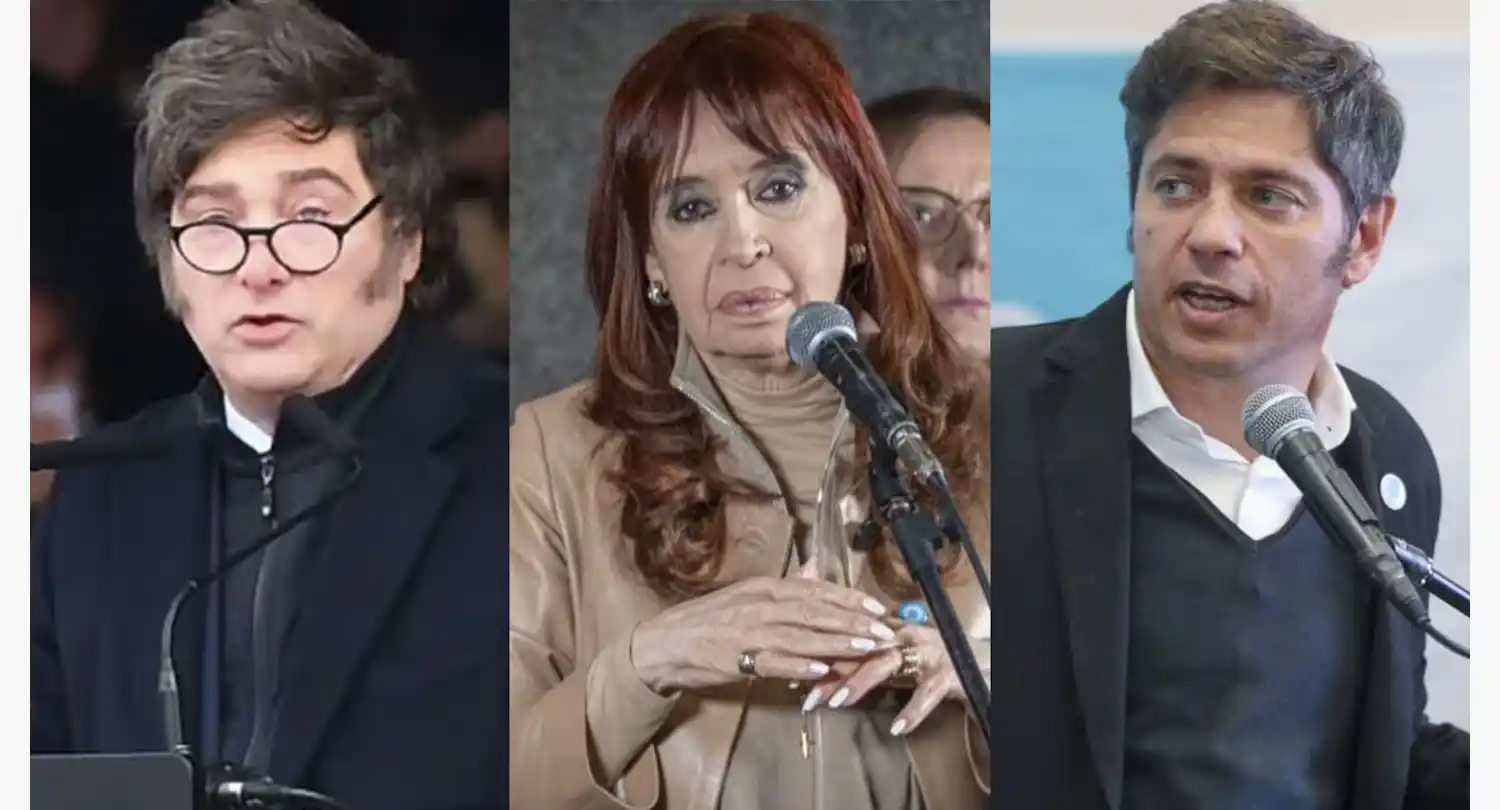 Javier Milei, Cristina Kirchner y Axel Kicillof
