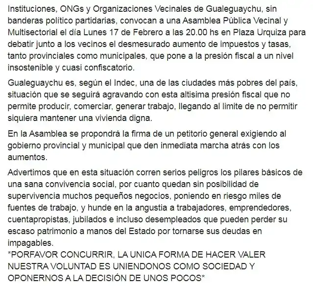 Este es el escrito que circula en Facebook convocando a una asamblea para el lunes 