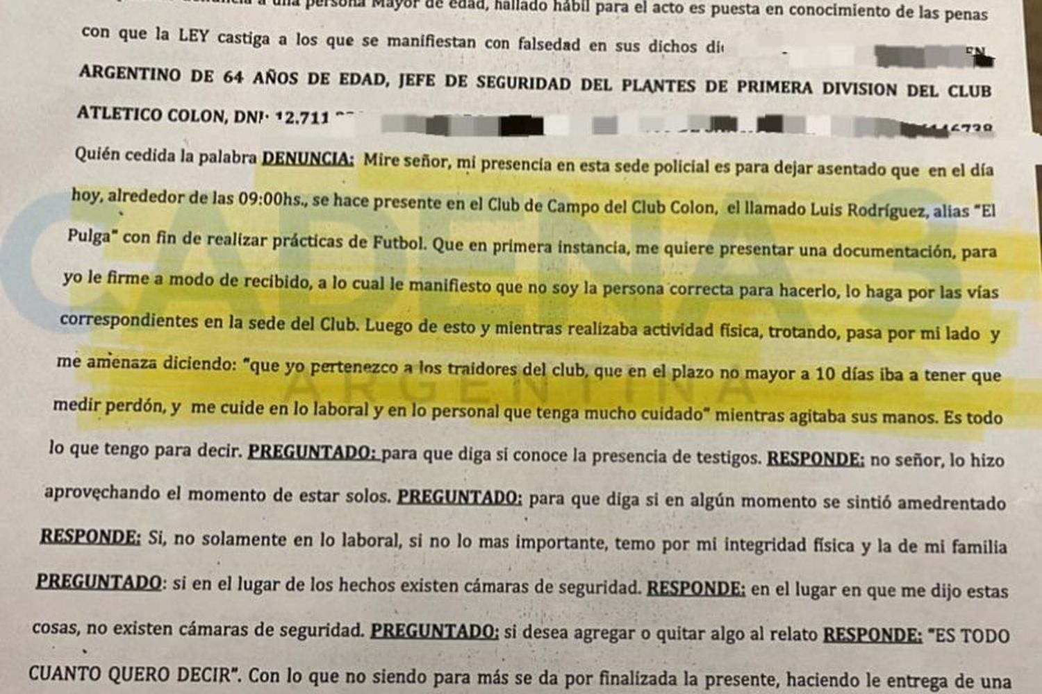 La denuncia contra Rodríguez (Doble Amarilla)