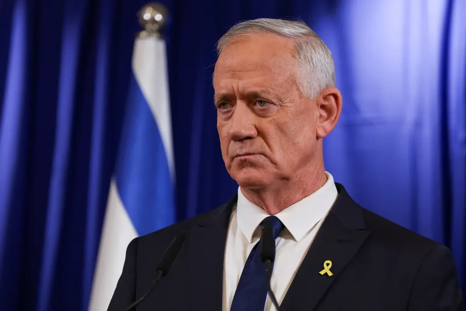 Israeli Minister Benny Gantz addresses the media after announcing his resignation from Israeli Prime Minister Benjamin Netanyahu’s emergency government on June 9, 2024.