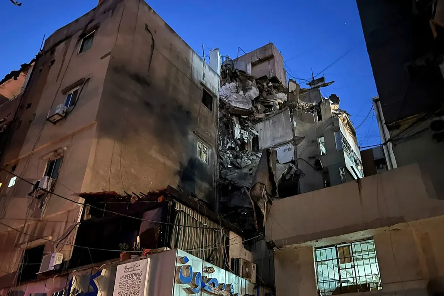 A damaged building that was hit by an Israeli airstrike in the southern suburbs of Beirut, Lebanon on Tuesday